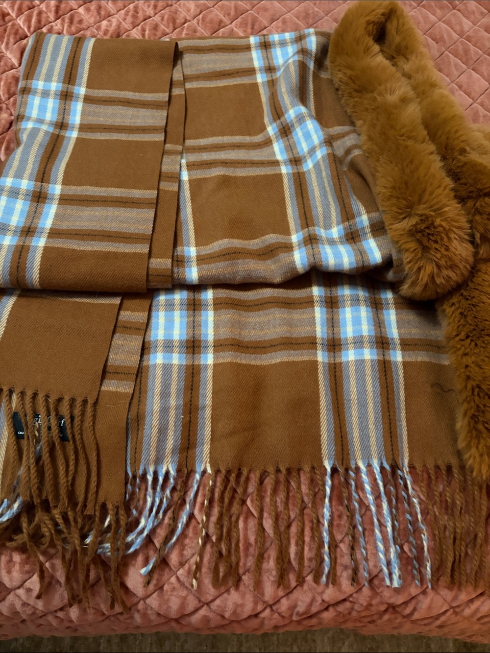 Brown Plaid Fringe Scarf Wrap with Light Blue Accent